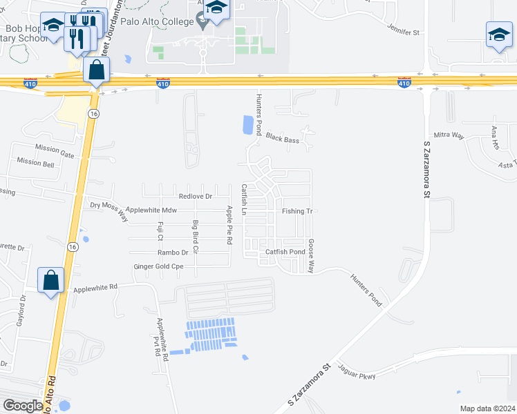 map of restaurants, bars, coffee shops, grocery stores, and more near 2223 Fishing Trail in San Antonio