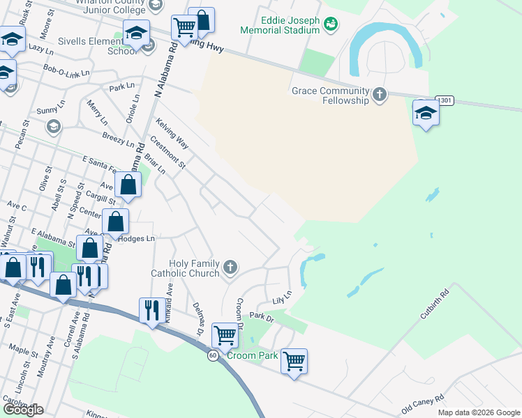 map of restaurants, bars, coffee shops, grocery stores, and more near 1802 Kelving Way Court in Wharton