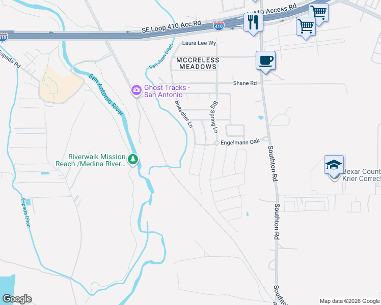 map of restaurants, bars, coffee shops, grocery stores, and more near 10319 Buescher Lane in San Antonio