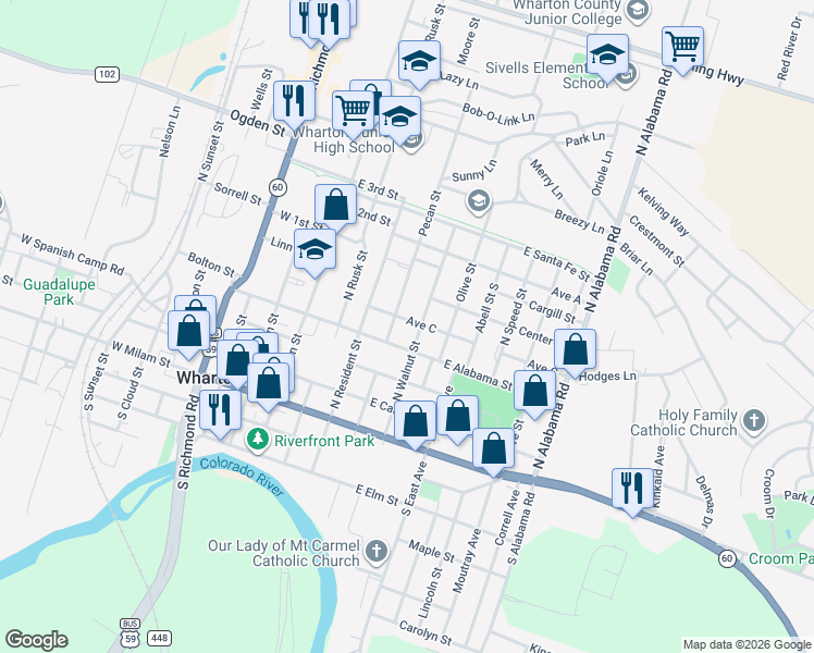 map of restaurants, bars, coffee shops, grocery stores, and more near 421 North Walnut Street in Wharton