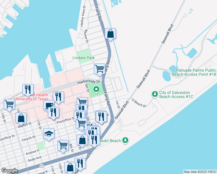 map of restaurants, bars, coffee shops, grocery stores, and more near 28 2nd Street in Galveston