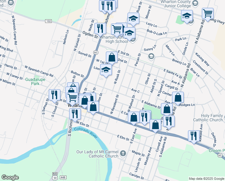 map of restaurants, bars, coffee shops, grocery stores, and more near 401 North Rusk Street in Wharton