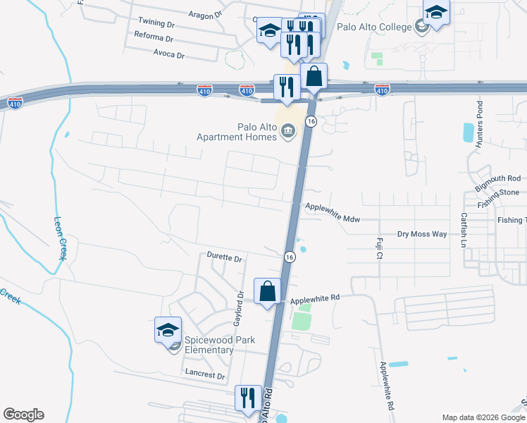 map of restaurants, bars, coffee shops, grocery stores, and more near 10519 Texas 16 in San Antonio