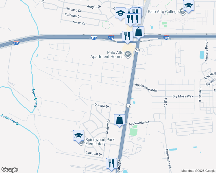 map of restaurants, bars, coffee shops, grocery stores, and more near 10519 Highway 16 in San Antonio