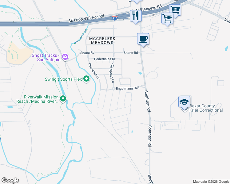 map of restaurants, bars, coffee shops, grocery stores, and more near 10419 Ocean Oak in San Antonio