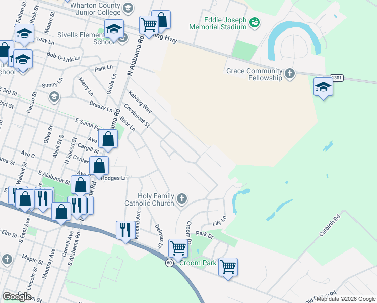 map of restaurants, bars, coffee shops, grocery stores, and more near 1702 Crestmont Street in Wharton