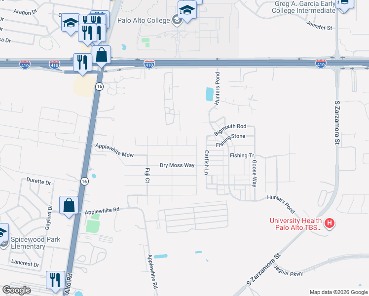 map of restaurants, bars, coffee shops, grocery stores, and more near 2330 Redlove Drive in San Antonio