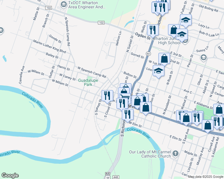 map of restaurants, bars, coffee shops, grocery stores, and more near 612 West Caney Street in Wharton