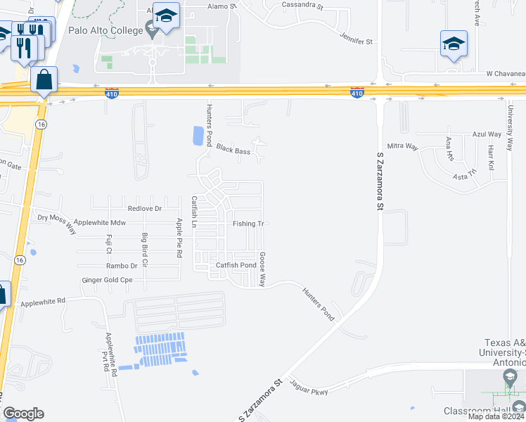 map of restaurants, bars, coffee shops, grocery stores, and more near 10318 Goose Way in San Antonio