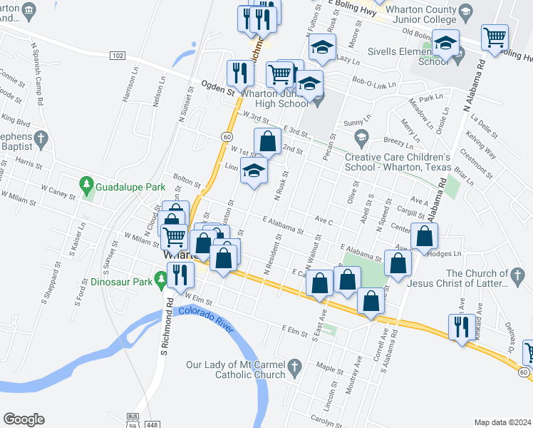 map of restaurants, bars, coffee shops, grocery stores, and more near 401 North Rusk Street in Wharton
