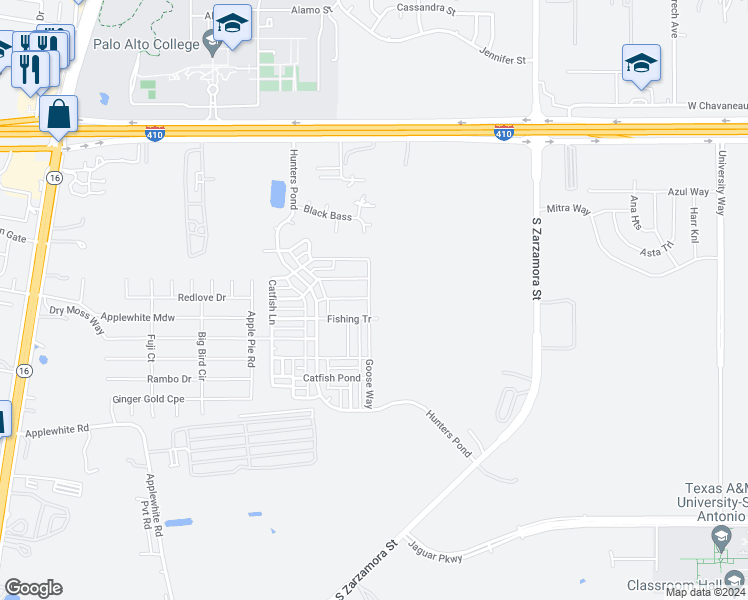 map of restaurants, bars, coffee shops, grocery stores, and more near 10402 Goose Way in San Antonio