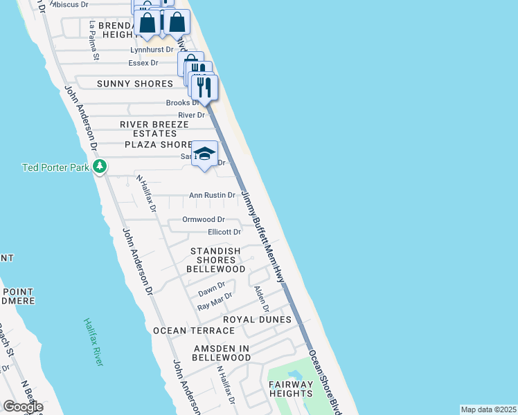 map of restaurants, bars, coffee shops, grocery stores, and more near 915 Ocean Shore Boulevard in Ormond Beach