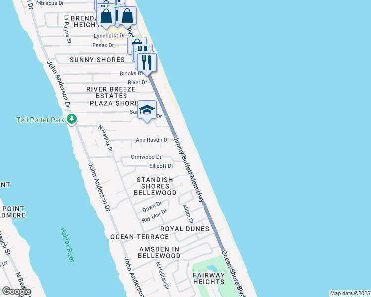 map of restaurants, bars, coffee shops, grocery stores, and more near 915 Ocean Shore Boulevard in Ormond Beach