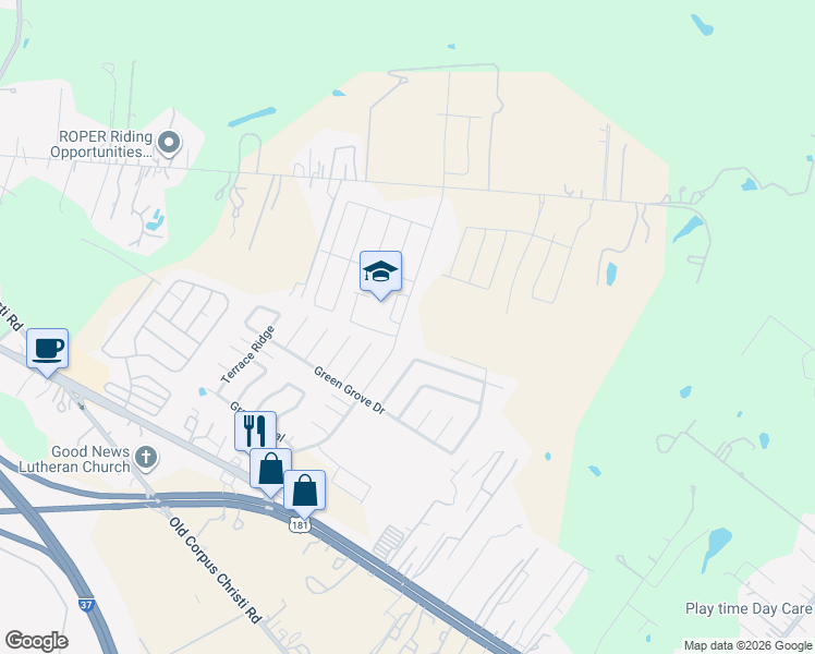 map of restaurants, bars, coffee shops, grocery stores, and more near 10625 Green Lake Street in San Antonio