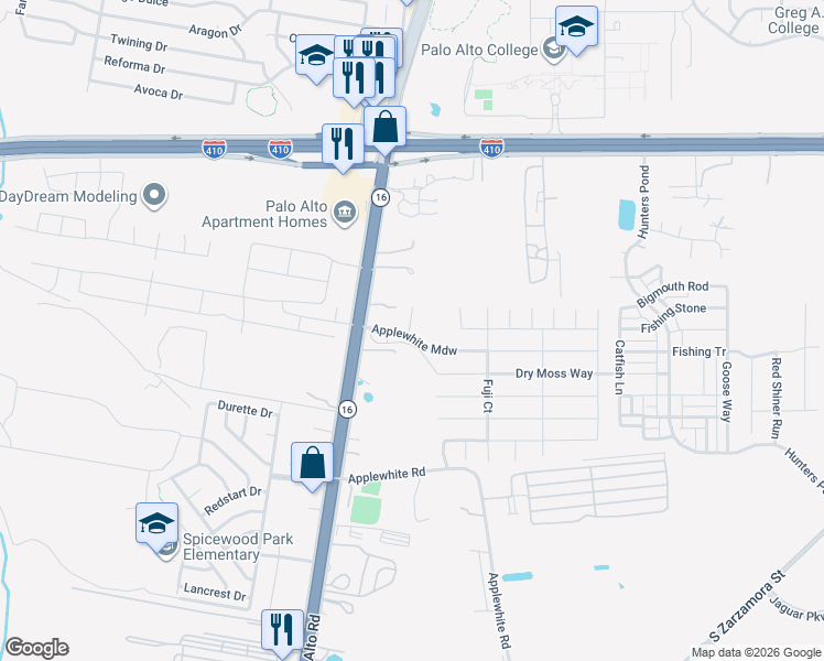 map of restaurants, bars, coffee shops, grocery stores, and more near 10222 Highway 16 in San Antonio