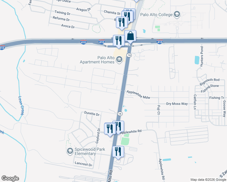 map of restaurants, bars, coffee shops, grocery stores, and more near 10415 Frontage Road 16 in San Antonio