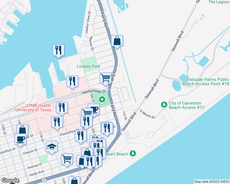 map of restaurants, bars, coffee shops, grocery stores, and more near 107 Water Street in Galveston