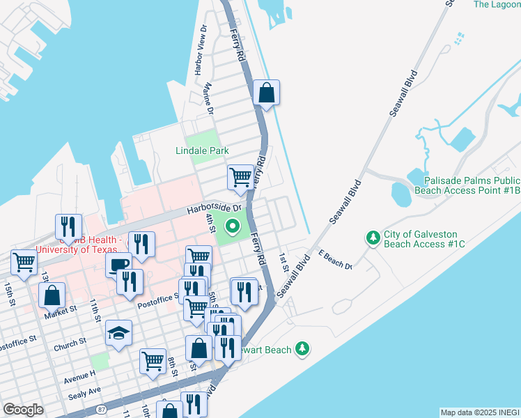 map of restaurants, bars, coffee shops, grocery stores, and more near 107 Water Street in Galveston
