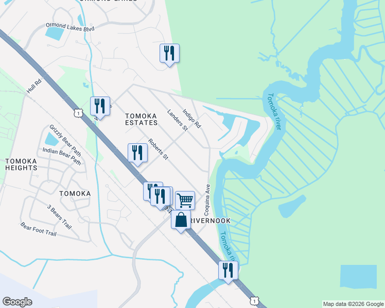 map of restaurants, bars, coffee shops, grocery stores, and more near 1085 George Anderson Street in Ormond Beach