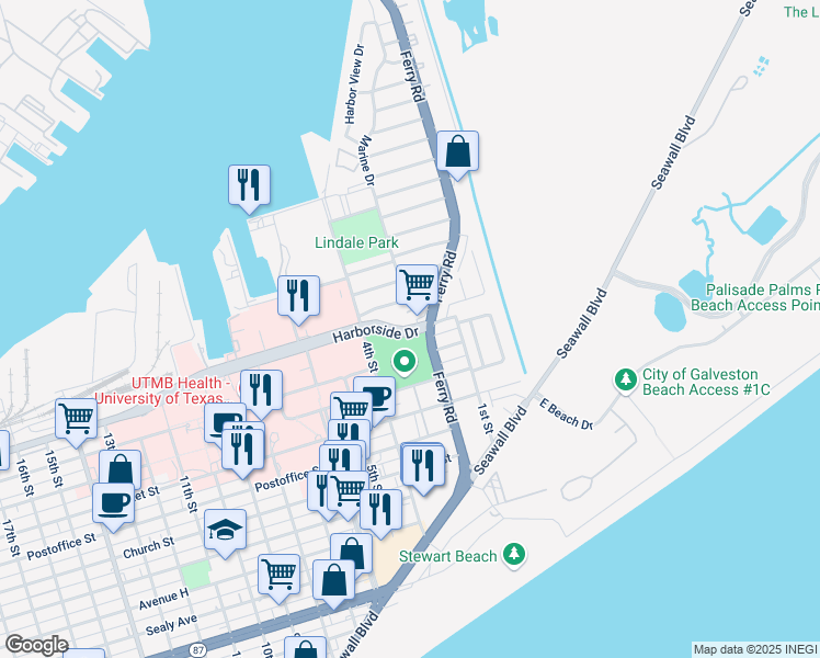 map of restaurants, bars, coffee shops, grocery stores, and more near 210 Strand Street in Galveston