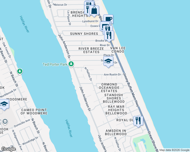 map of restaurants, bars, coffee shops, grocery stores, and more near 117 Ann Rustin Drive in Ormond Beach