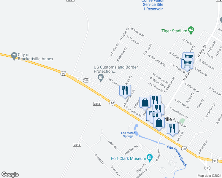 map of restaurants, bars, coffee shops, grocery stores, and more near 714 Thru 7 West Spring Street in Brackettville