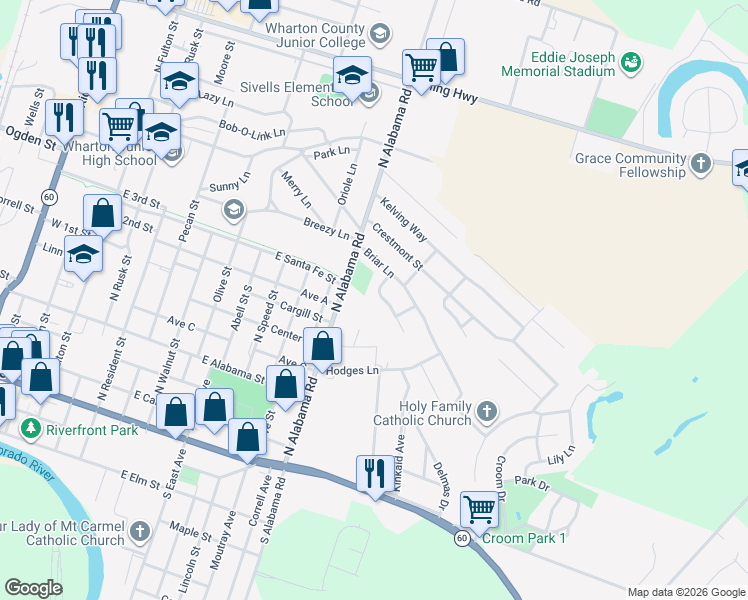 map of restaurants, bars, coffee shops, grocery stores, and more near 1311 Linwood Drive in Wharton