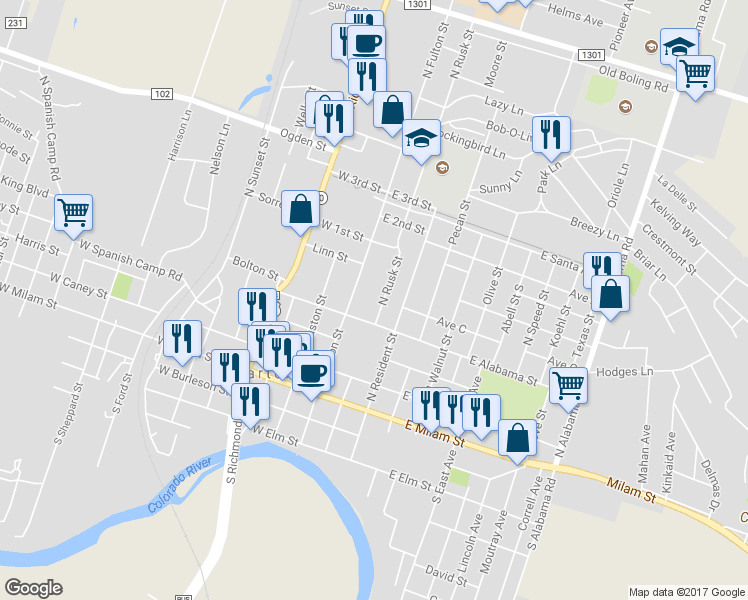 map of restaurants, bars, coffee shops, grocery stores, and more near 421 North Rusk Street in Wharton