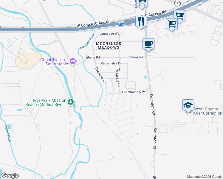 map of restaurants, bars, coffee shops, grocery stores, and more near 10306 Lateleaf Oak in San Antonio