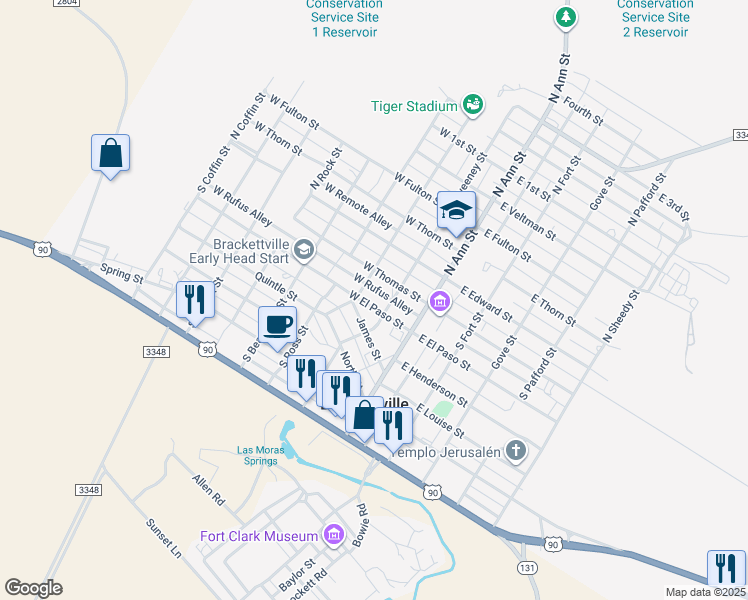 map of restaurants, bars, coffee shops, grocery stores, and more near 208 West El Paso Street in Brackettville