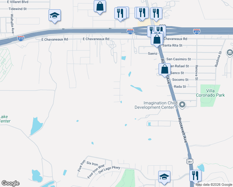 map of restaurants, bars, coffee shops, grocery stores, and more near 10539 Roosevelt Avenue in San Antonio