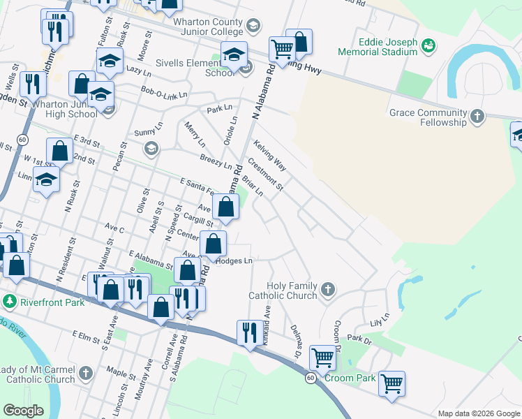 map of restaurants, bars, coffee shops, grocery stores, and more near 1311 Linwood Drive in Wharton
