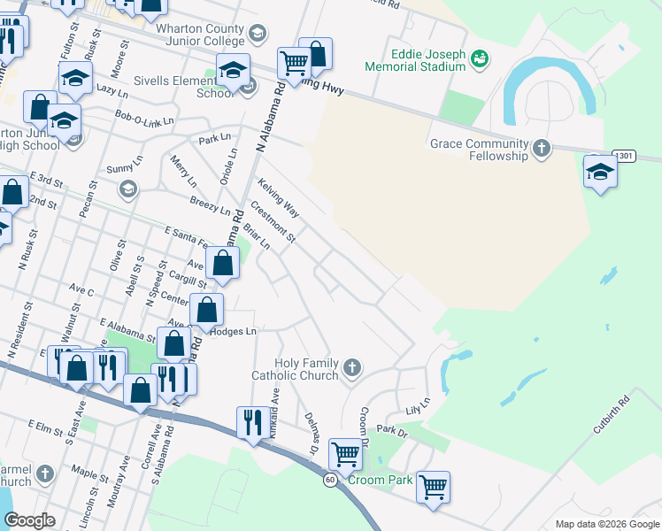 map of restaurants, bars, coffee shops, grocery stores, and more near 1505 Crestmont Street in Wharton