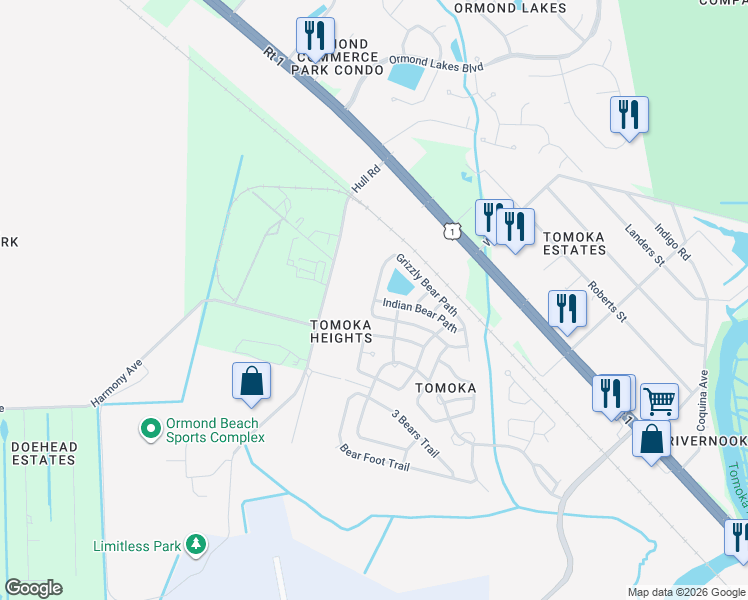 map of restaurants, bars, coffee shops, grocery stores, and more near 98 Indian Bear Path in Ormond Beach