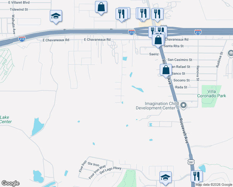 map of restaurants, bars, coffee shops, grocery stores, and more near 10539 Roosevelt Avenue in San Antonio