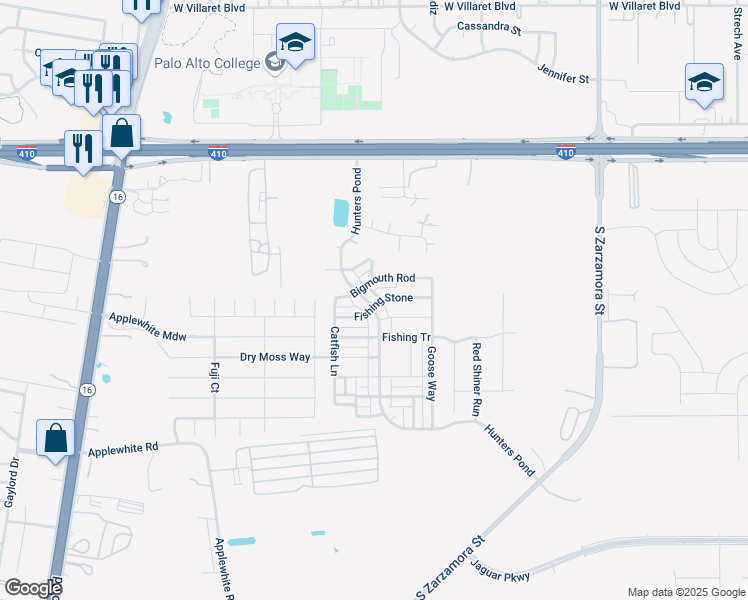 map of restaurants, bars, coffee shops, grocery stores, and more near 10214 Hunters Pond in San Antonio