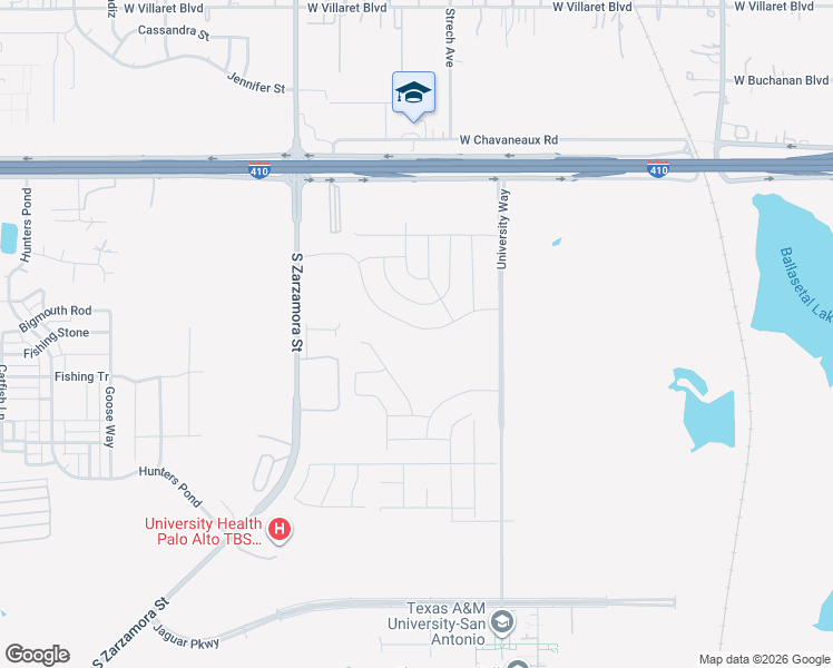 map of restaurants, bars, coffee shops, grocery stores, and more near University Way in San Antonio