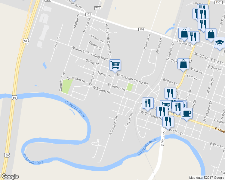map of restaurants, bars, coffee shops, grocery stores, and more near 1117 West Caney Street in Wharton