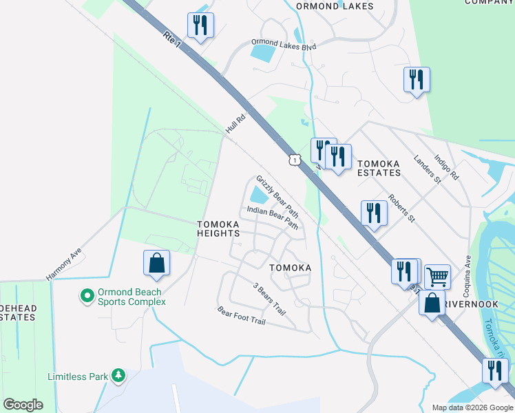 map of restaurants, bars, coffee shops, grocery stores, and more near 54-98 Indian Bear Path in Ormond Beach