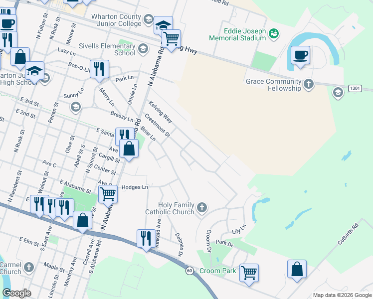 map of restaurants, bars, coffee shops, grocery stores, and more near 1505 Crestmont Street in Wharton