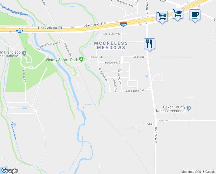 map of restaurants, bars, coffee shops, grocery stores, and more near 10307 Buescher Lane in San Antonio