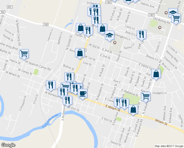 map of restaurants, bars, coffee shops, grocery stores, and more near 419 North Fulton Street in Wharton