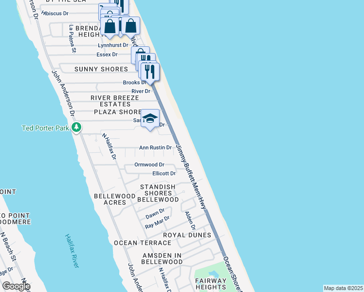 map of restaurants, bars, coffee shops, grocery stores, and more near 935 Florida A1A in Ormond Beach