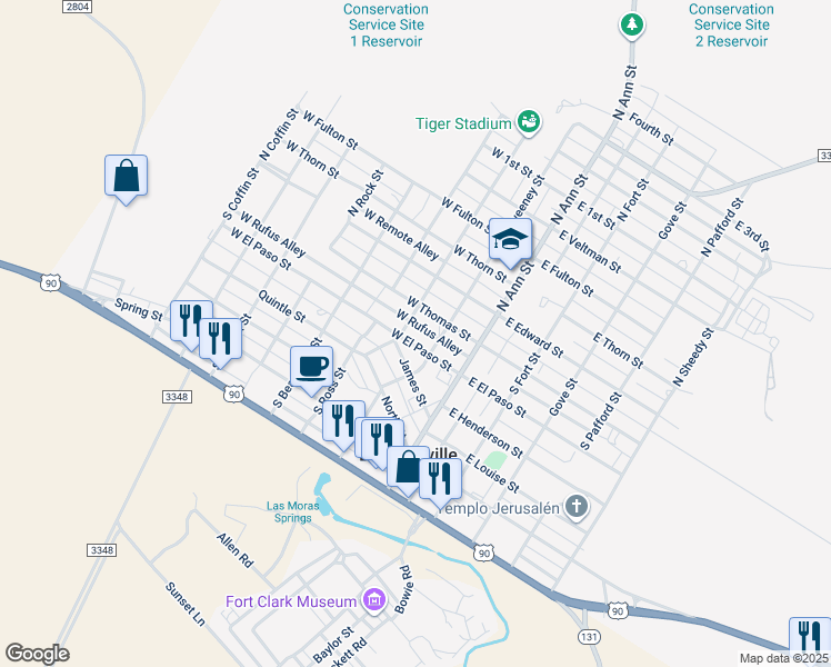 map of restaurants, bars, coffee shops, grocery stores, and more near 208 West El Paso Street in Brackettville