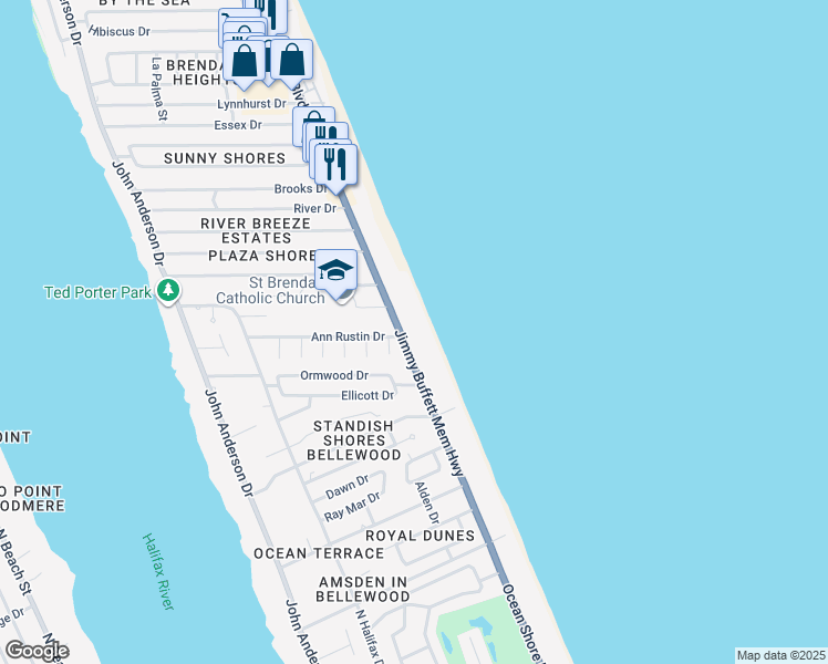 map of restaurants, bars, coffee shops, grocery stores, and more near 935 Florida A1A in Ormond Beach