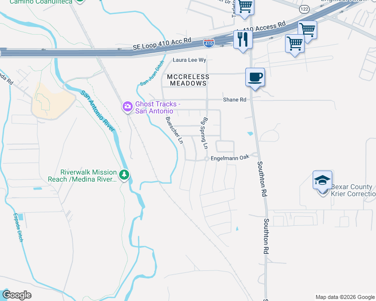 map of restaurants, bars, coffee shops, grocery stores, and more near 10307 Buescher Lane in San Antonio