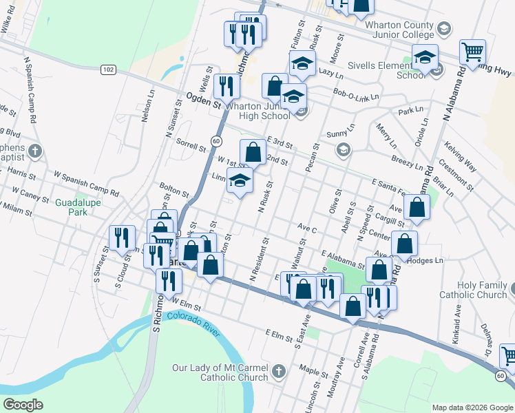 map of restaurants, bars, coffee shops, grocery stores, and more near 421 North Rusk Street in Wharton