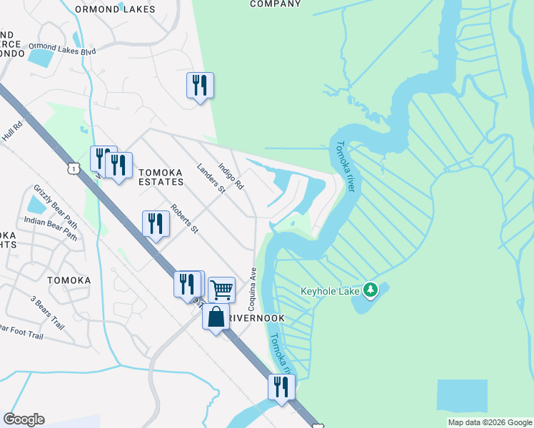 map of restaurants, bars, coffee shops, grocery stores, and more near 380 Coquina Avenue in Ormond Beach