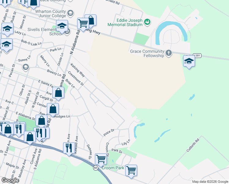 map of restaurants, bars, coffee shops, grocery stores, and more near 1625 Kelving Way in Wharton