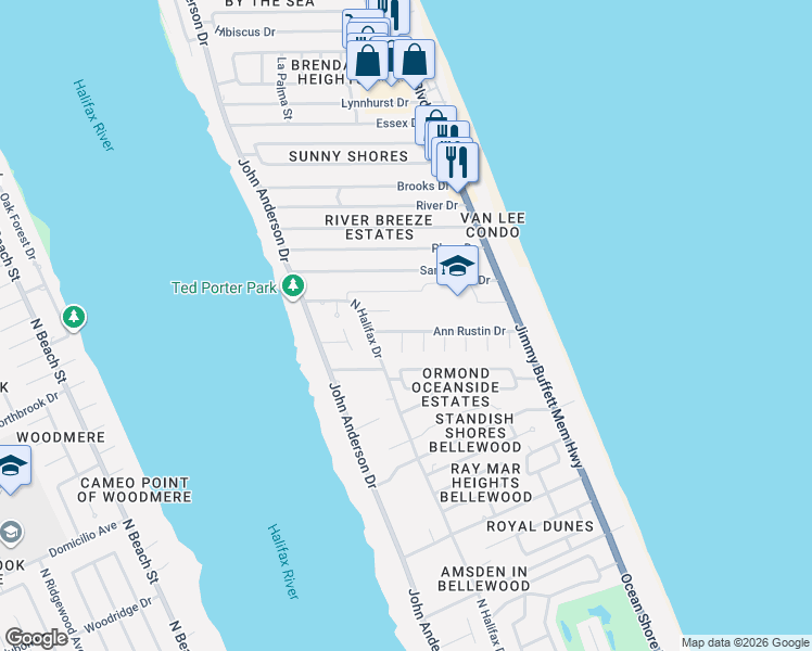 map of restaurants, bars, coffee shops, grocery stores, and more near 117 Ann Rustin Drive in Ormond Beach